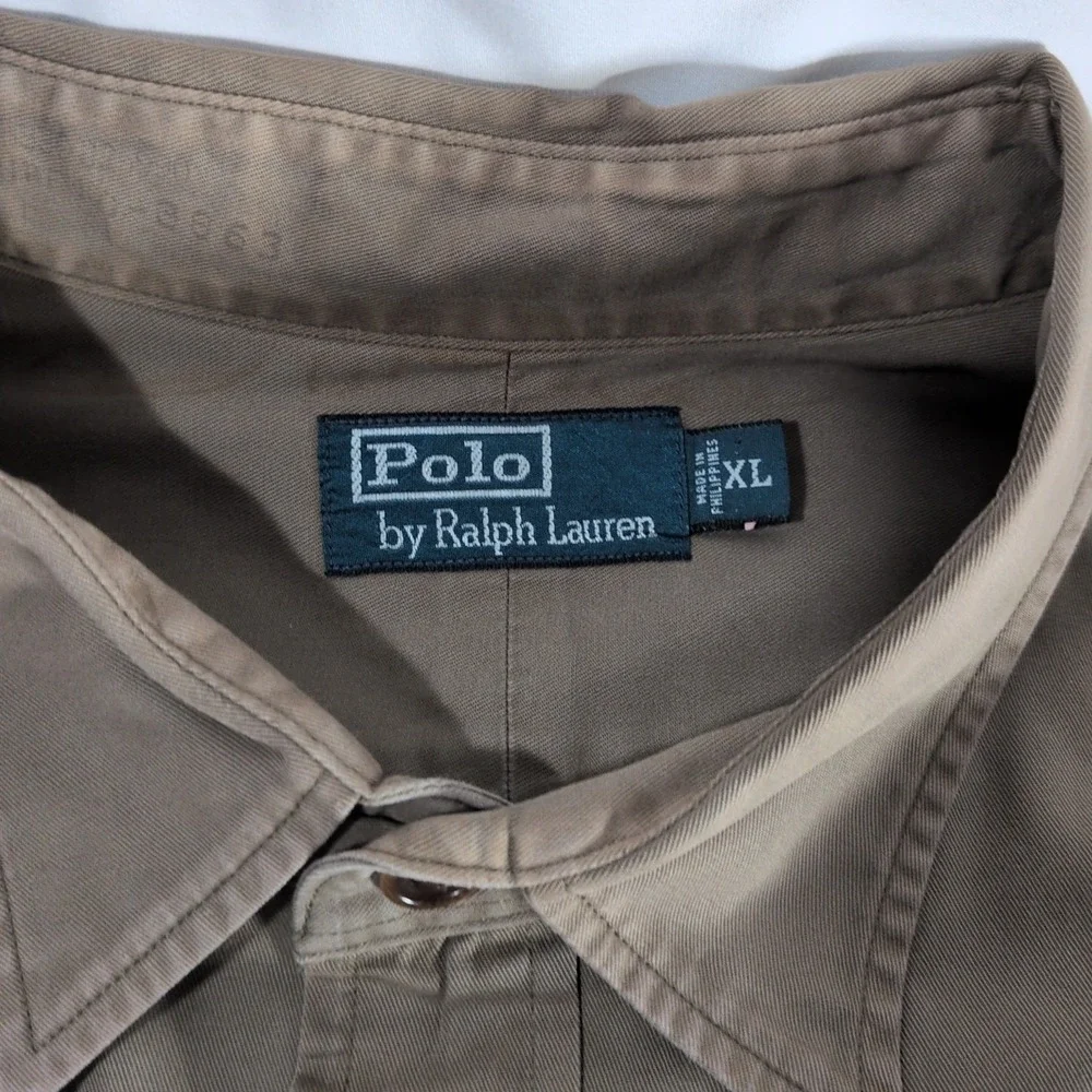 Vintage 90s Polo Ralph Lauren Long Sleeve Military Safari Shirt Brown Men's XL
